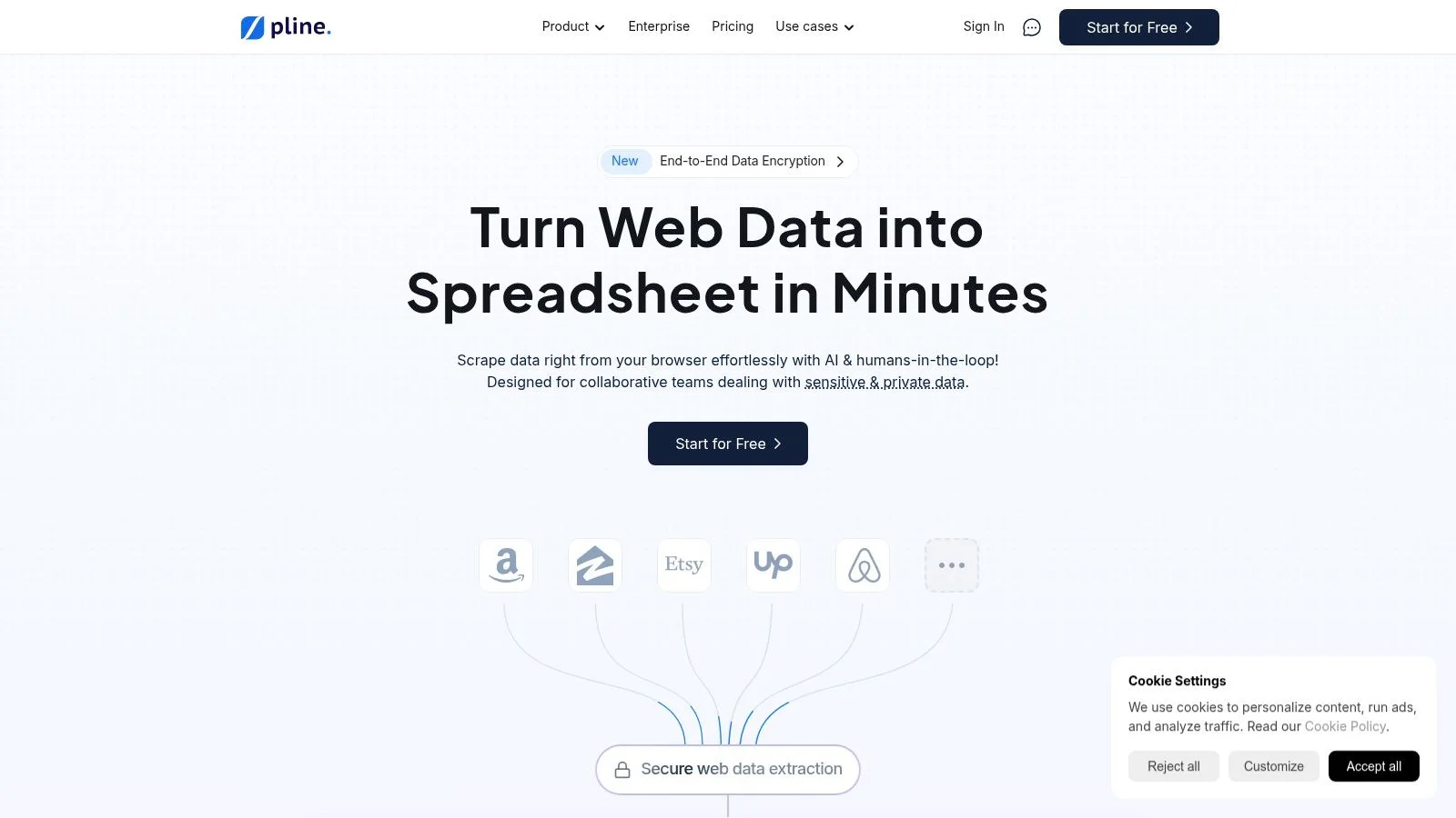 Pline (formerly Grepsr) Chrome extension showing secure collaborative scraping with audit trail and team workspace
