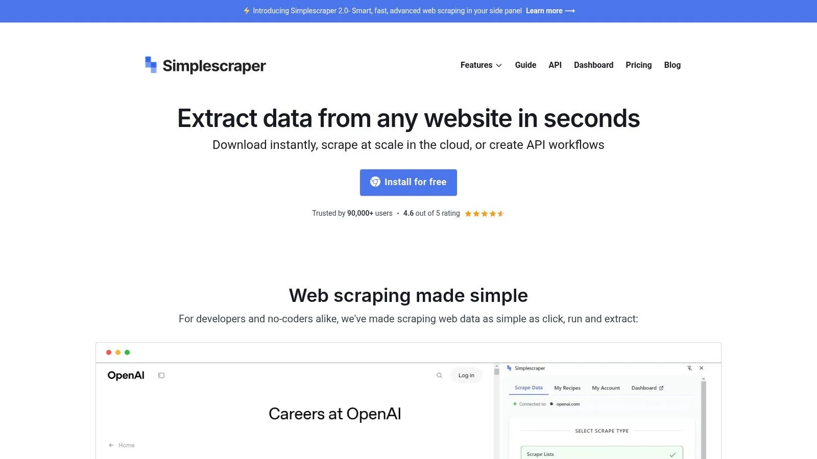 Simplescraper Chrome extension interface showing recipe-based data extraction with Google Sheets integration