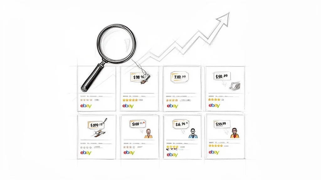 Web scraping concept with magnifying glass examining eBay listings and an upward trend chart