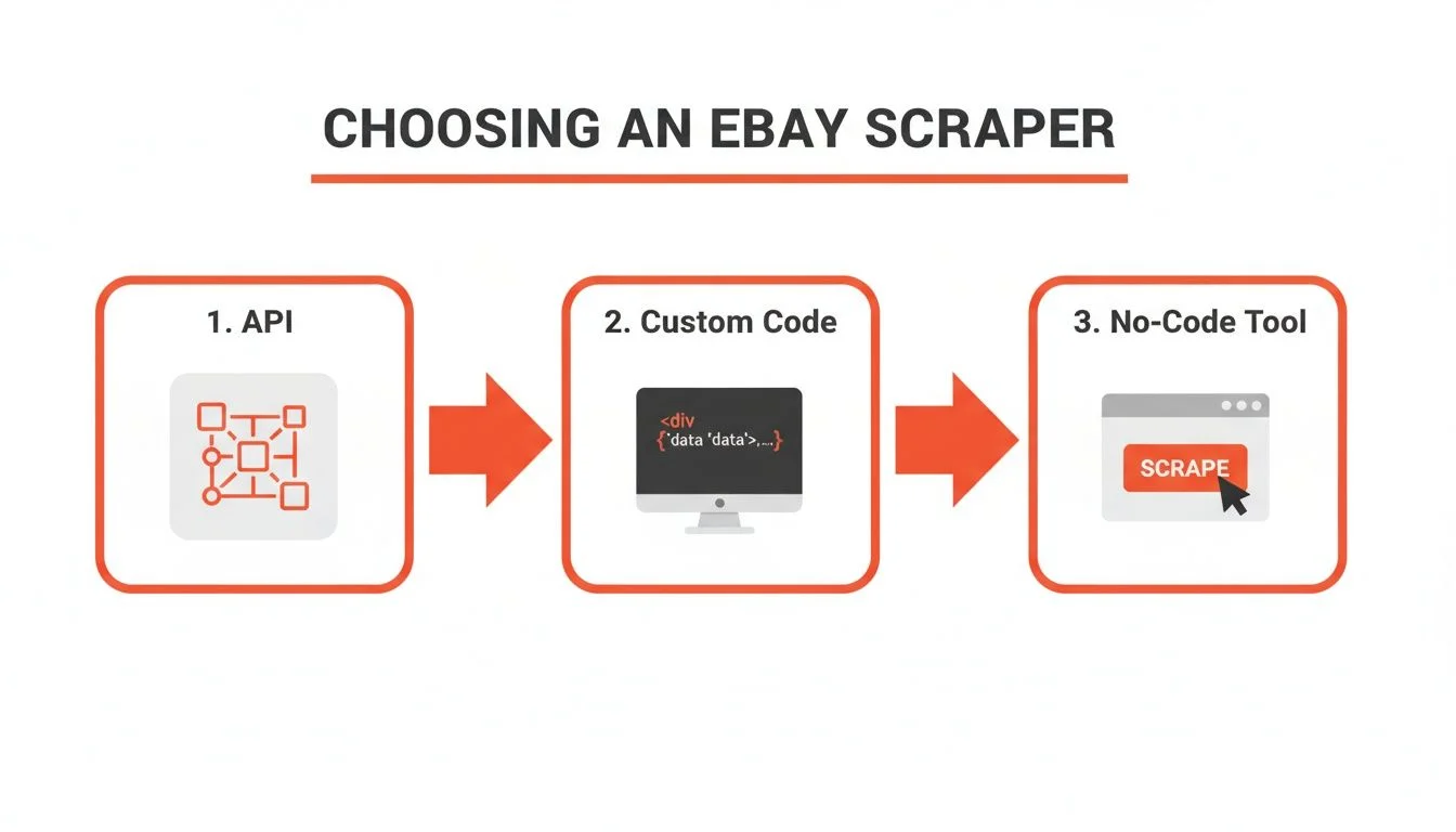 eBay scraper tool comparison showing Clura Chrome extension, Playwright, and Python requests options for exporting eBay listing data