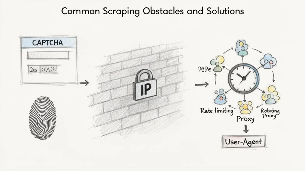 Diagram showing web scraping obstacles — CAPTCHA, IP blocking, fingerprinting — and solutions like rotating proxies and rate limiting