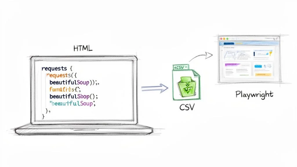 Illustration of web scraping with Python — BeautifulSoup parsing HTML to CSV, then Playwright for browser automation