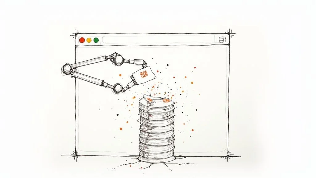 A robotic arm from a browser window deposits an email onto a stack of letters representing automated lead generation
