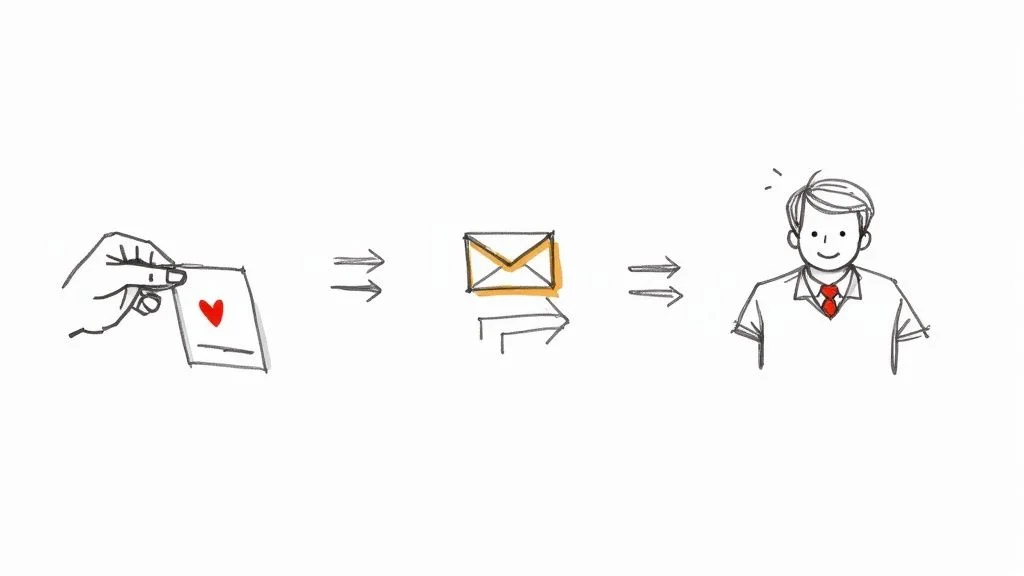 A hand sends a heart card that reaches a happy businessman, illustrating lead nurturing and relationship building