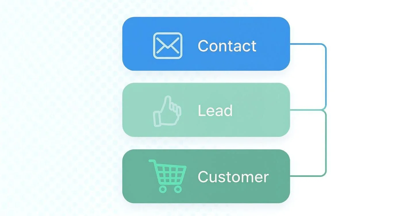Diagram illustrating the progression of a sales funnel from contact to lead to customer