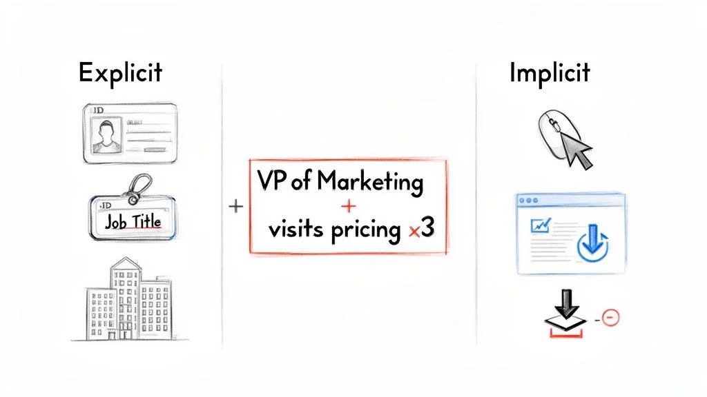 Visual showing explicit data (ID, job title) vs. implicit data (mouse clicks, downloads) for lead scoring
