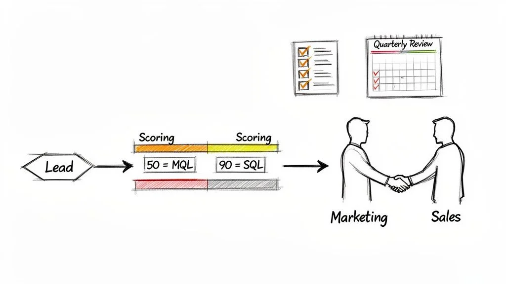 Flowchart illustrating lead scoring pipeline from lead generation through MQL and SQL with marketing and sales collaboration