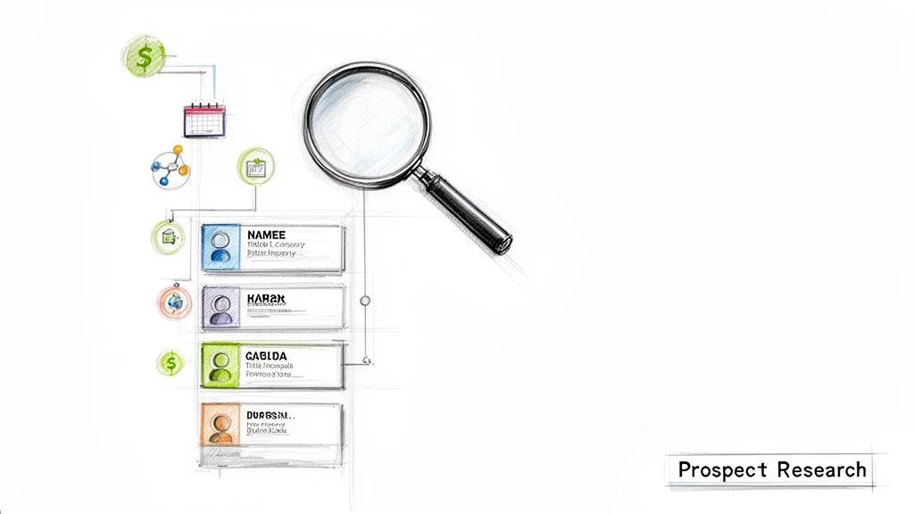 A sketch illustrating the prospect research process with icons, a magnifying glass, and prospect profiles