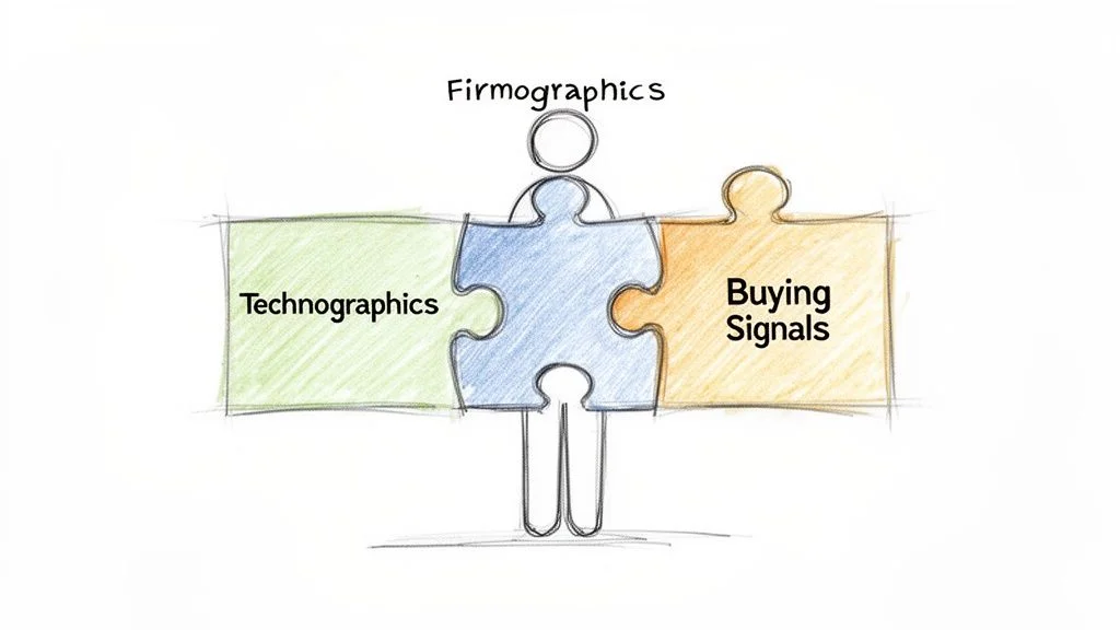 Hand-drawn image showing Technographics, Firmographics, and Buying Signals as puzzle pieces forming a person