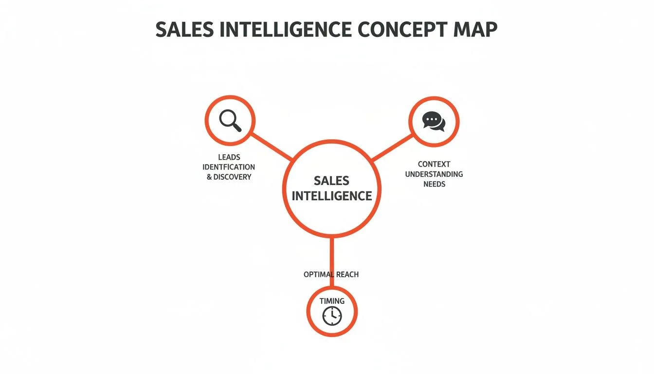 Sales Intelligence concept map illustrating core components: leads identification, understanding needs, and optimal timing