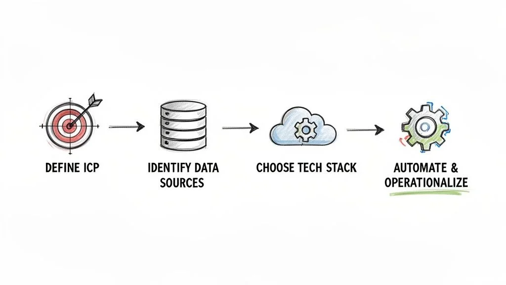 Workflow diagram showing steps: Define ICP, Identify Data Sources, Choose Tech Stack, Automate and Operationalize