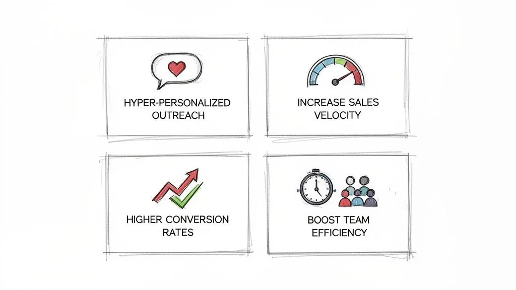 Infographic showing hyper-personalized outreach, increased sales velocity, higher conversion rates, and boosted team efficiency from sales intelligence