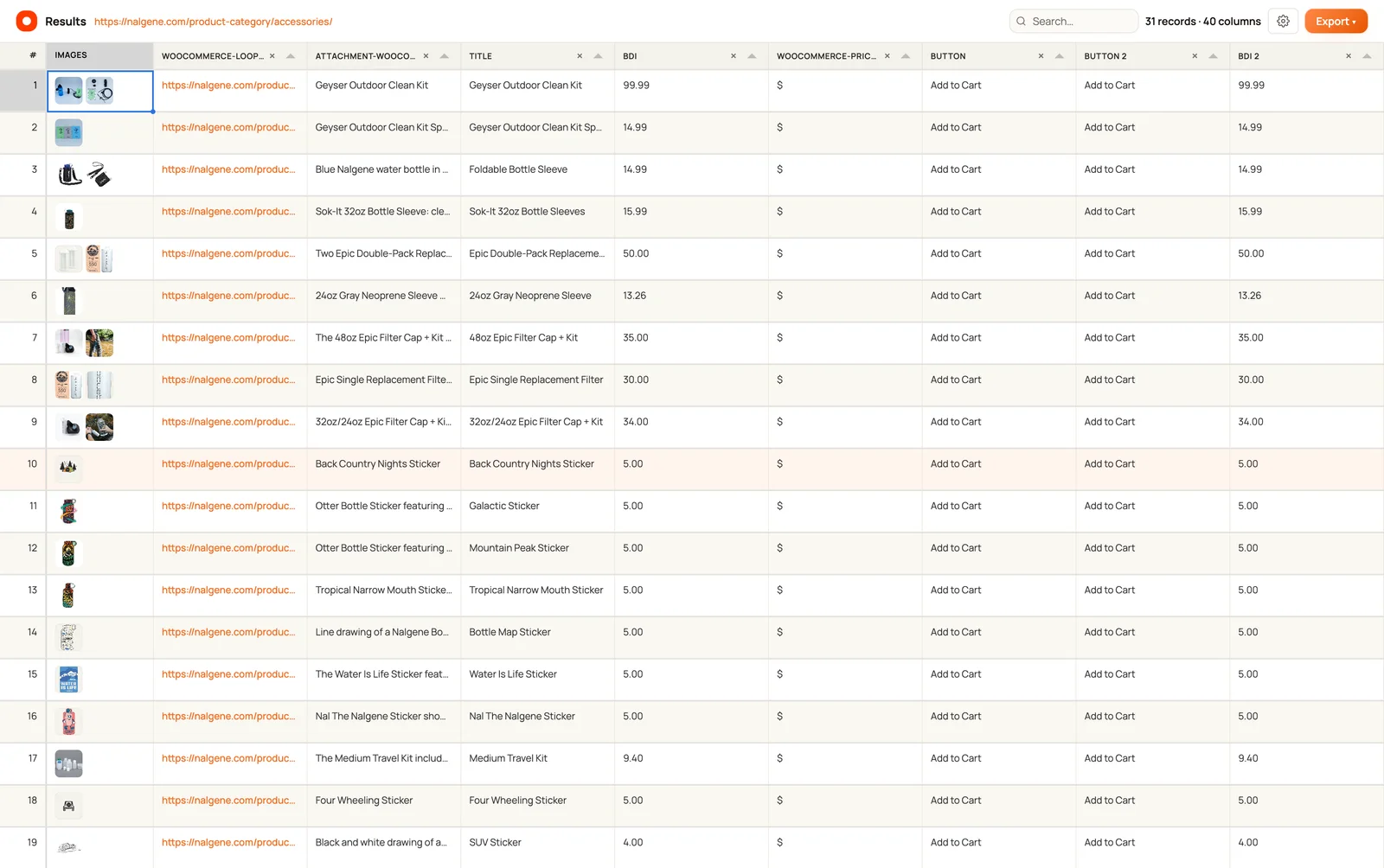 Clura WooCommerce results with 31 product records, prices, currencies, and export controls
